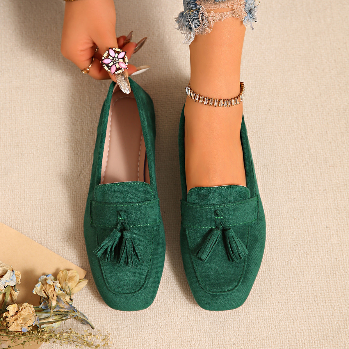 Women's Square Toe Slip-On Loafers – Tassel Suede Casual Flat Shoes