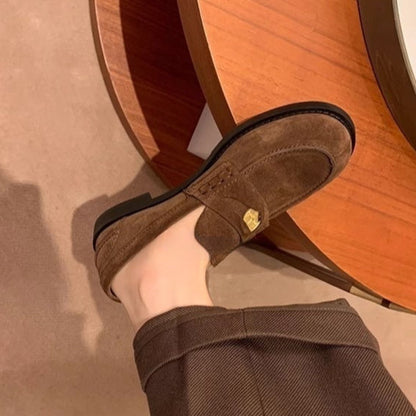 Women's Gold Coin Loafers – British-Style Round Toe Leather Slip-On Flats