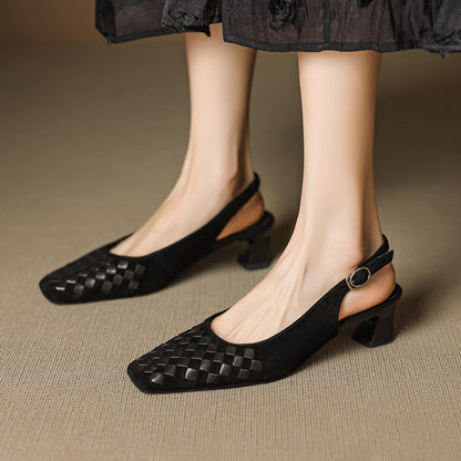 Women's Handmade Suede Woven Slingback Block Heel Sandals, Square-Toe Buckle Dress Shoes