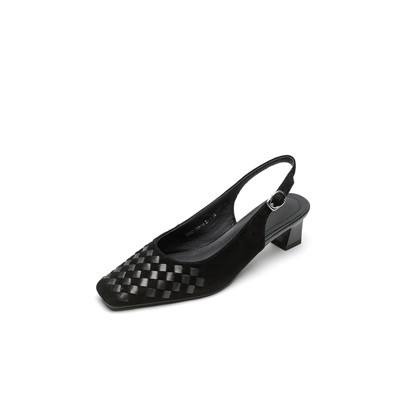 Women's Handmade Suede Woven Slingback Block Heel Sandals, Square-Toe Buckle Dress Shoes