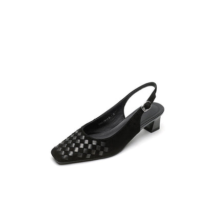 Women's Handmade Suede Woven Slingback Block Heel Sandals, Square-Toe Buckle Dress Shoes