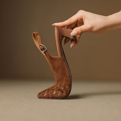 Women's Handmade Suede Woven Slingback Block Heel Sandals, Square-Toe Buckle Dress Shoes