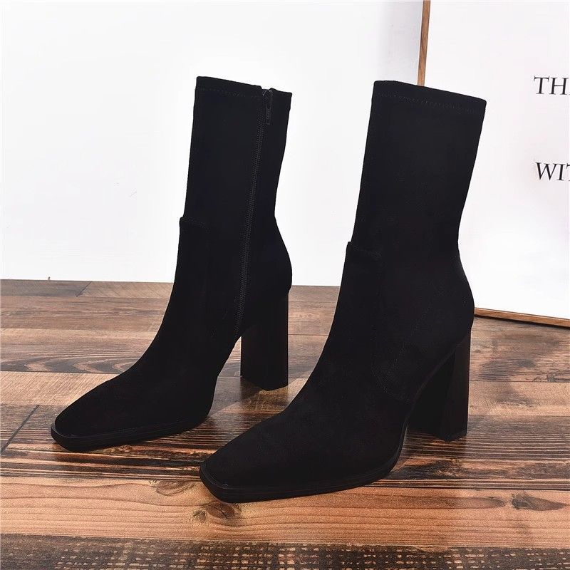 Square Toe Fleece-Lined French Boots – Chunky Heel Winter Style