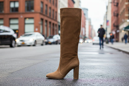 Suede Pleated High Heel Thick Heel Pointed Sleeve Boots