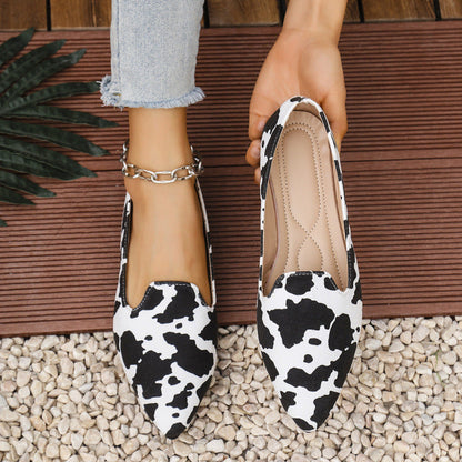 Women's Wide-Fit Breathable Pointed-Toe Flat Shoes – Cow Print Casual Flats