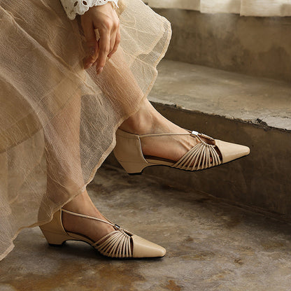 Women's Handmade Full-Grain Leather Strappy Low-Heel Sandals, Pointed-Toe Mary Jane Cutout Flats