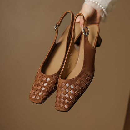 Women's Handmade Suede Woven Slingback Block Heel Sandals, Square-Toe Buckle Dress Shoes