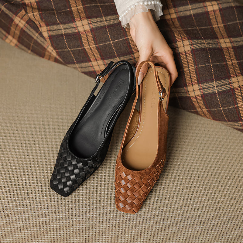 Women's Handmade Suede Woven Slingback Block Heel Sandals, Square-Toe Buckle Dress Shoes