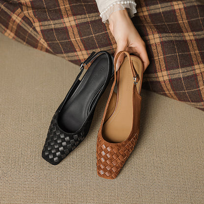 Women's Handmade Suede Woven Slingback Block Heel Sandals, Square-Toe Buckle Dress Shoes
