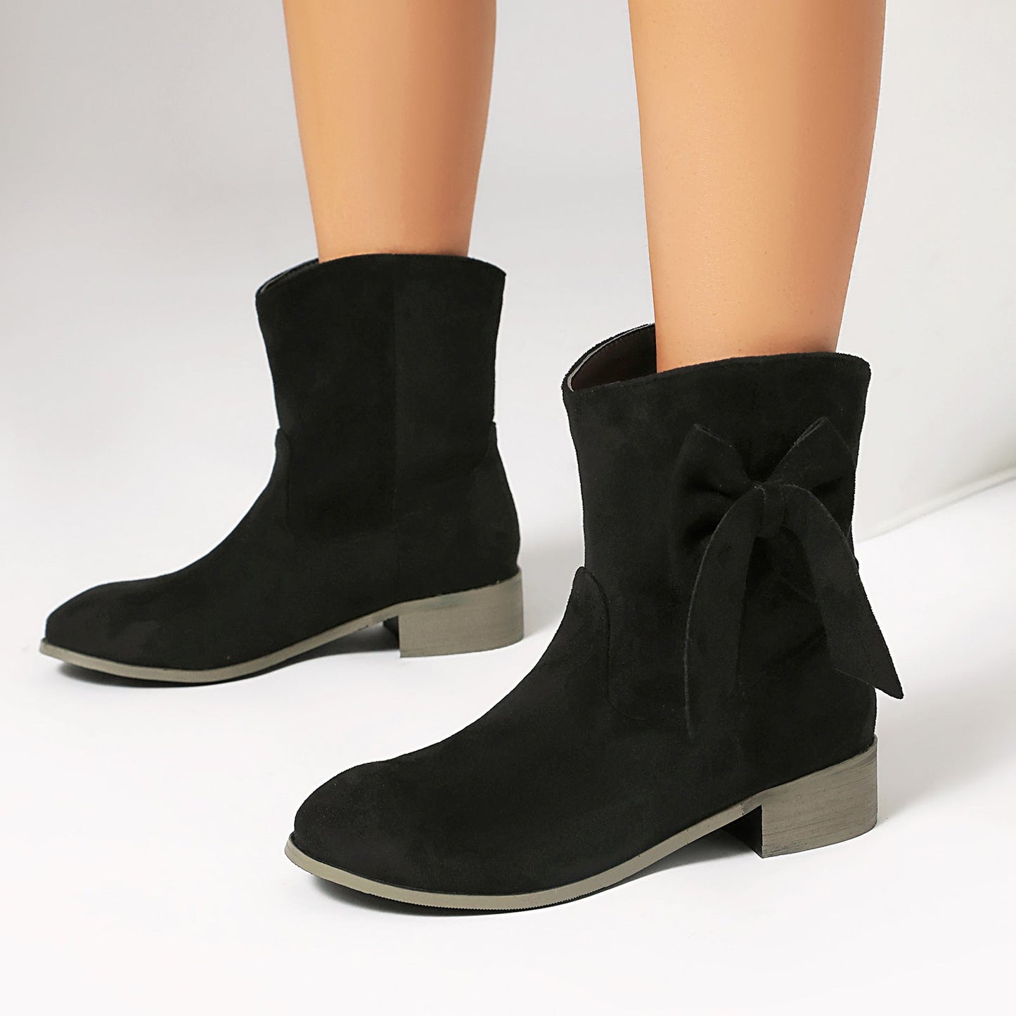 Women’s Low Heel Suede Bow Boots | Large Size Casual Winter Ankle Boots