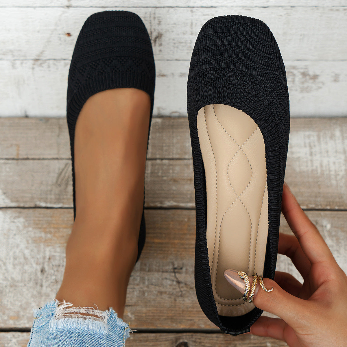 Women’s Knitted Plus Size Flying Woven Breathable One-Pedal Shoes
